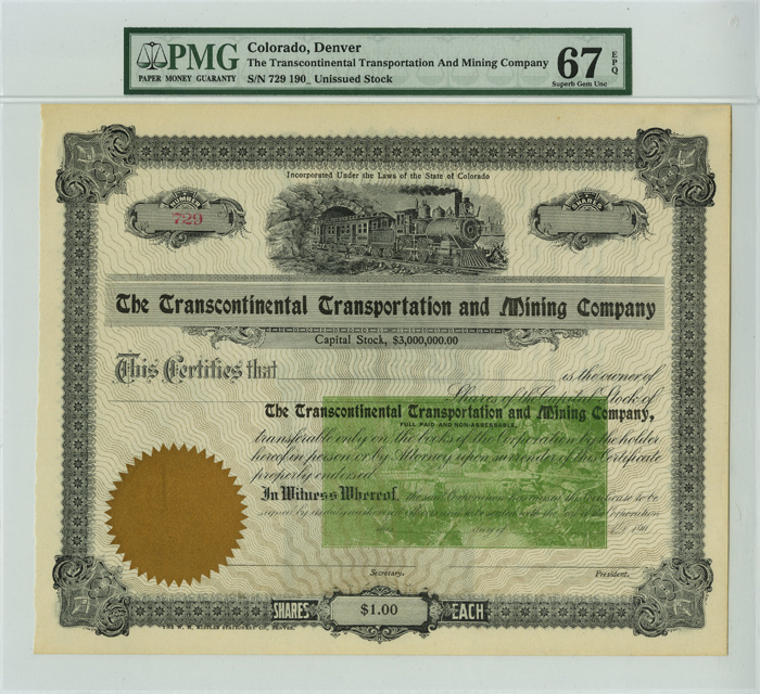 Transcontinental Transportation and Mining Co. - Stock Certificate